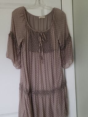 Boho Polka Dot Peasant Dress in Mauve Taupe